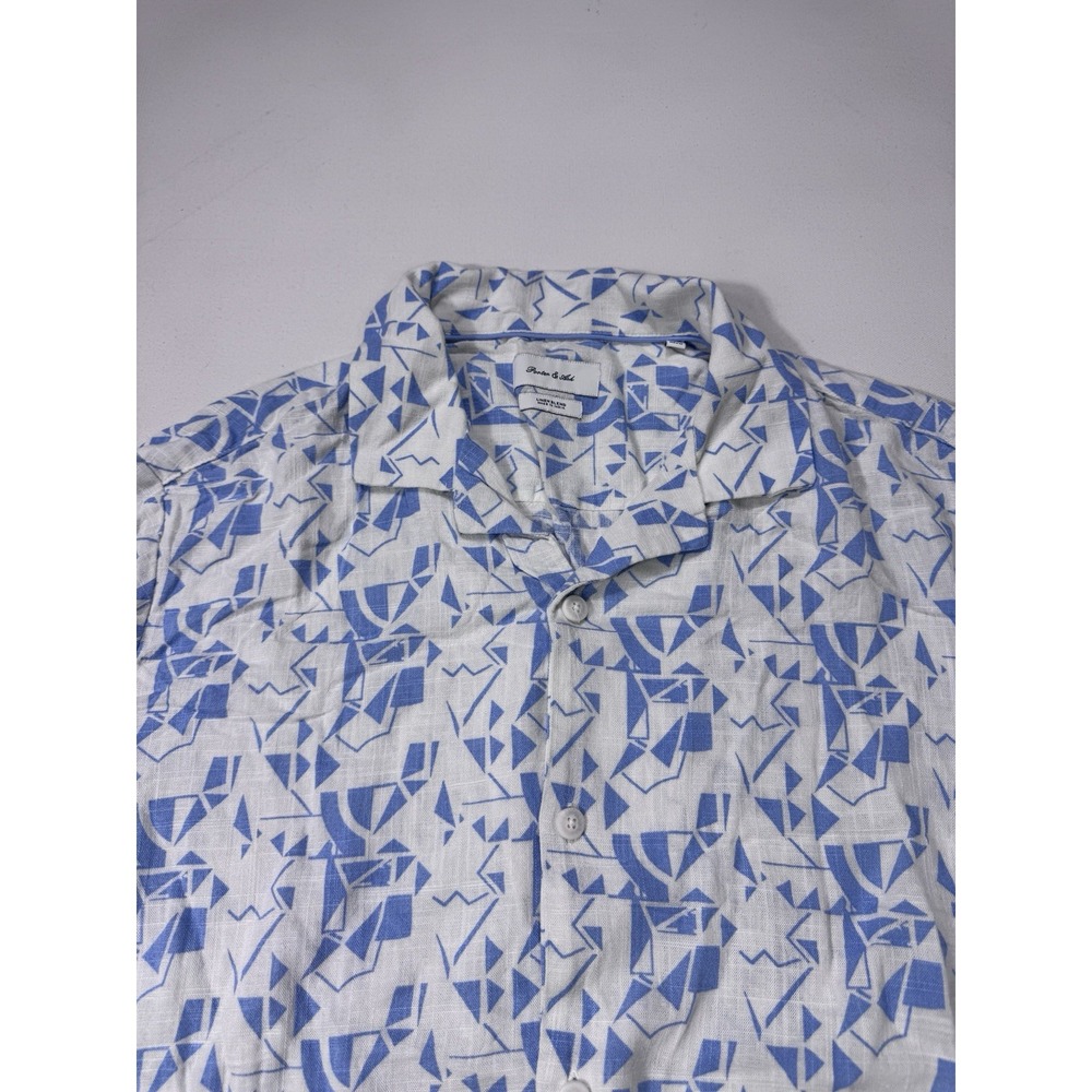 Porter and Ash Shirt Mens Medium Linen Blend Hawaiian Camp Button Up Beach Blue